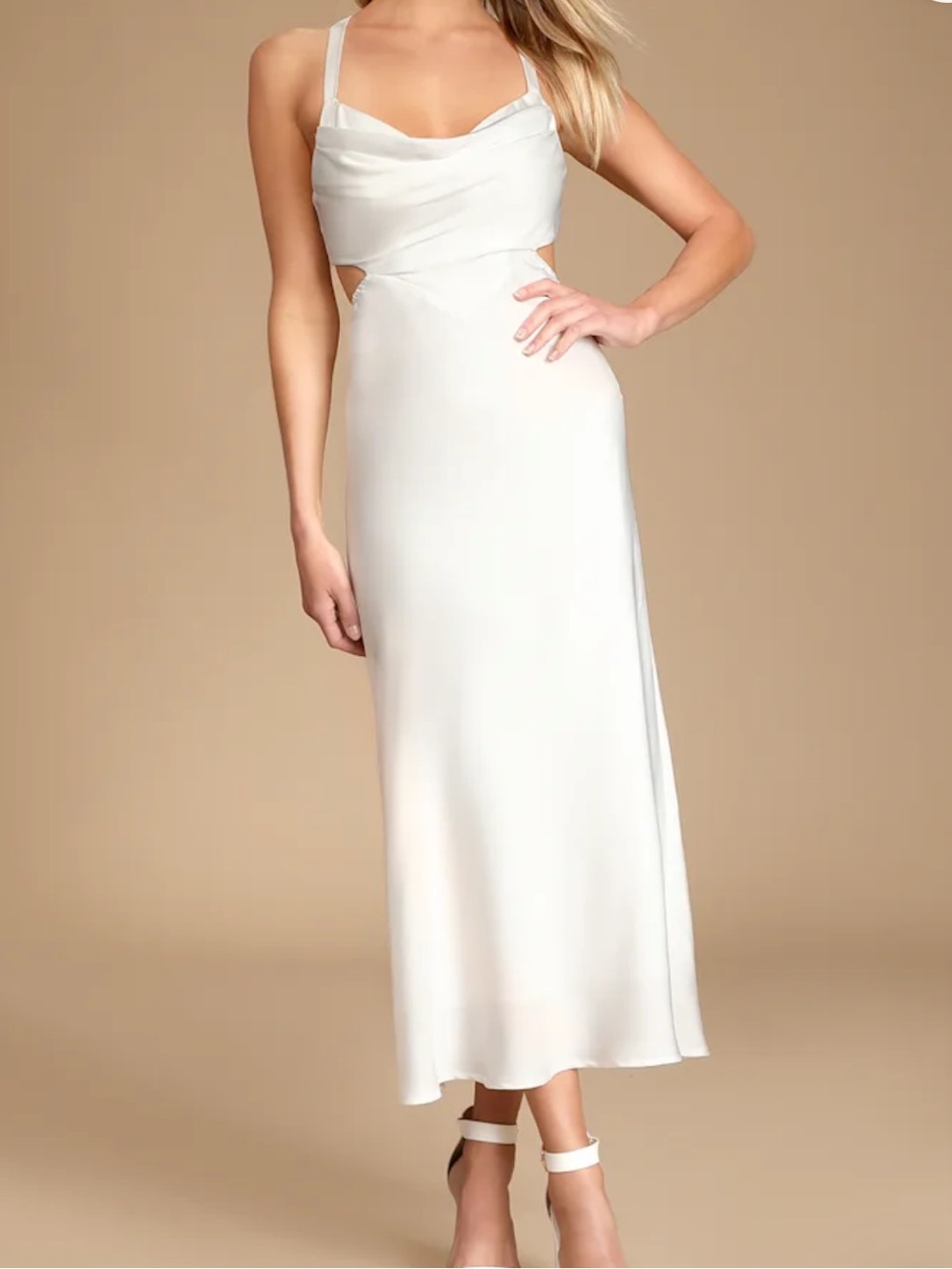 Lulu's Ivory Cowl Neck Midi Slip Dress with Side Cutouts